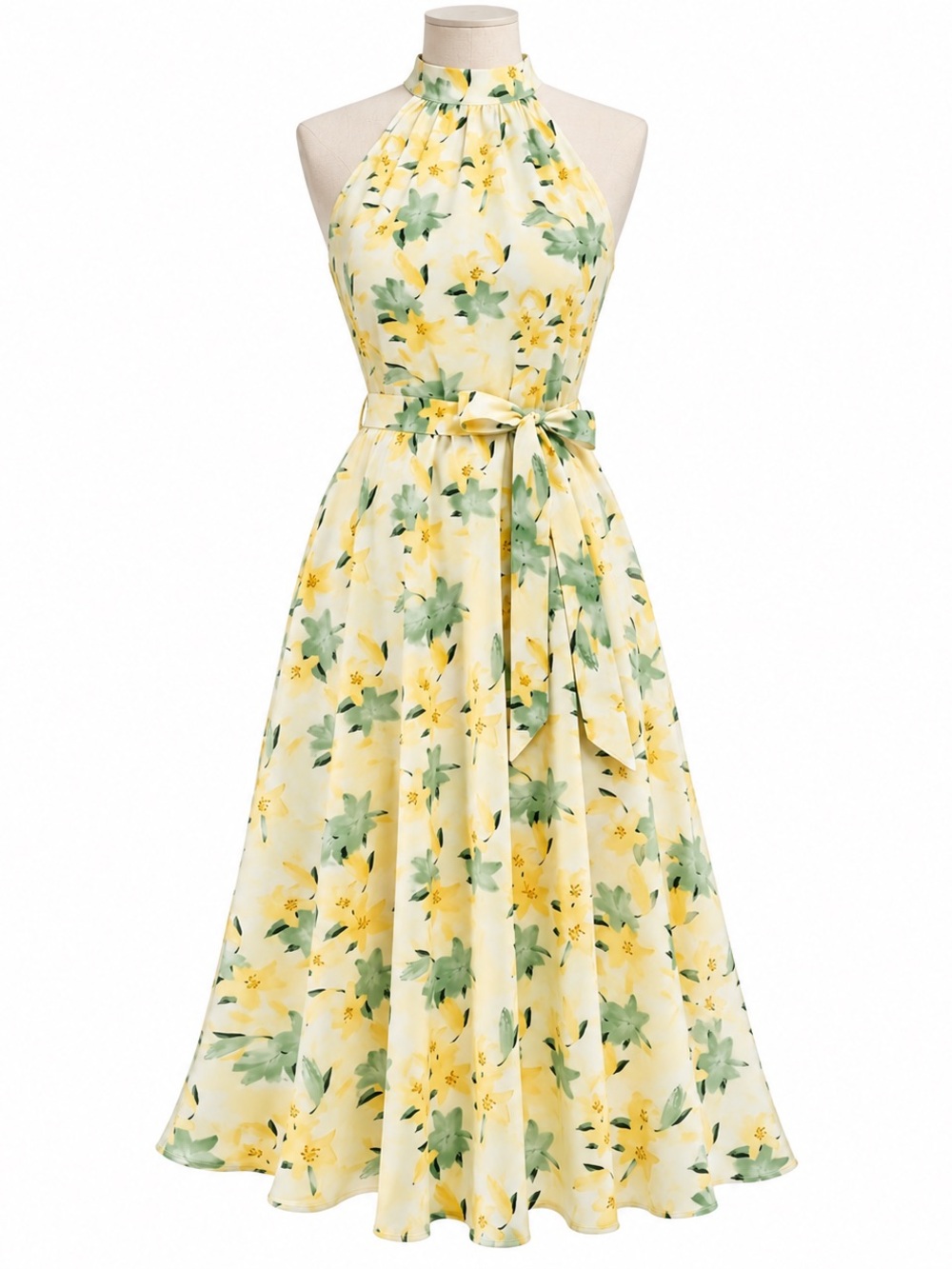 Sleeveless Yellow Floral Halter Midi Dress